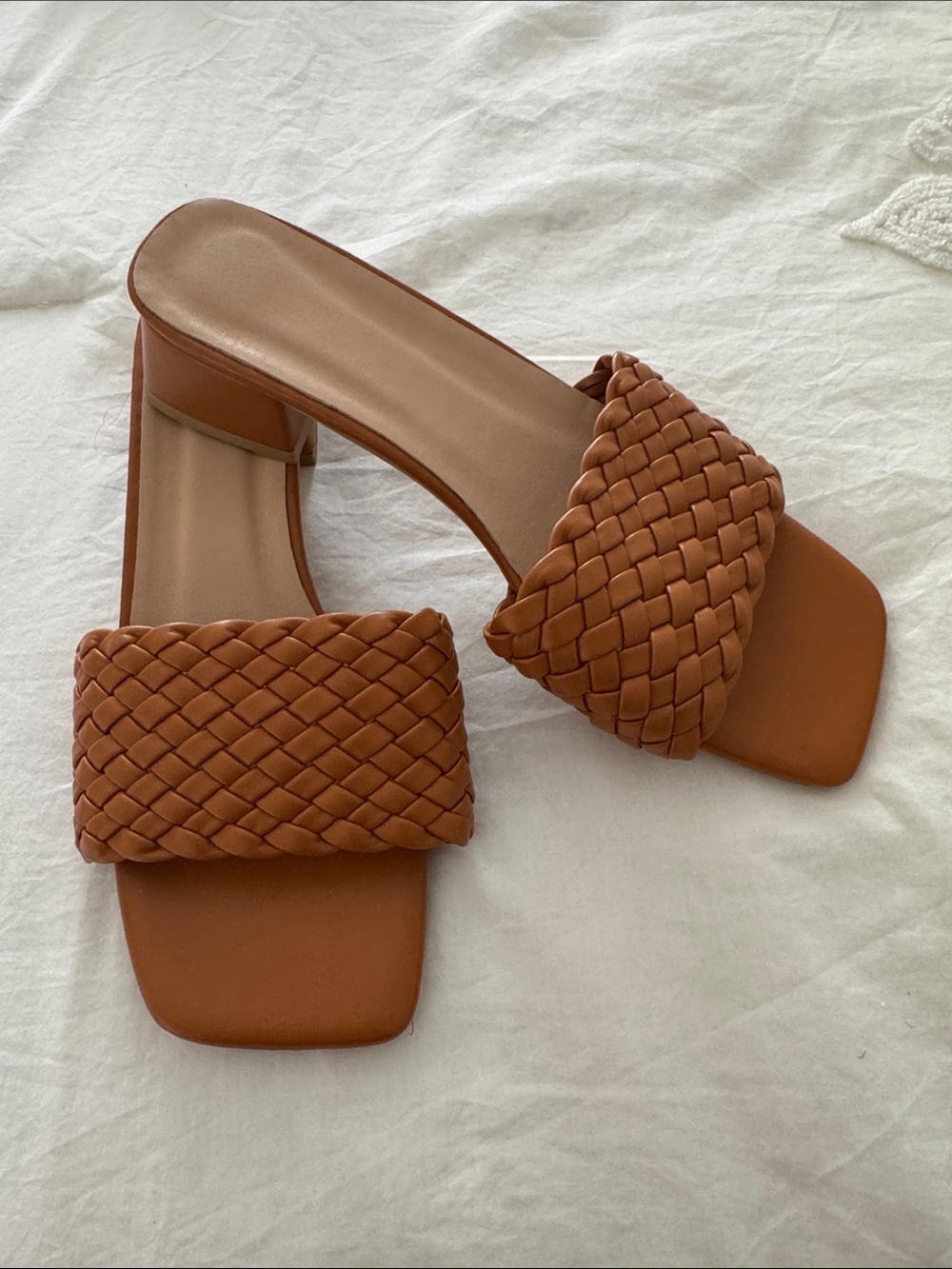 Woven Slide Heels in Cognac Brown - Women